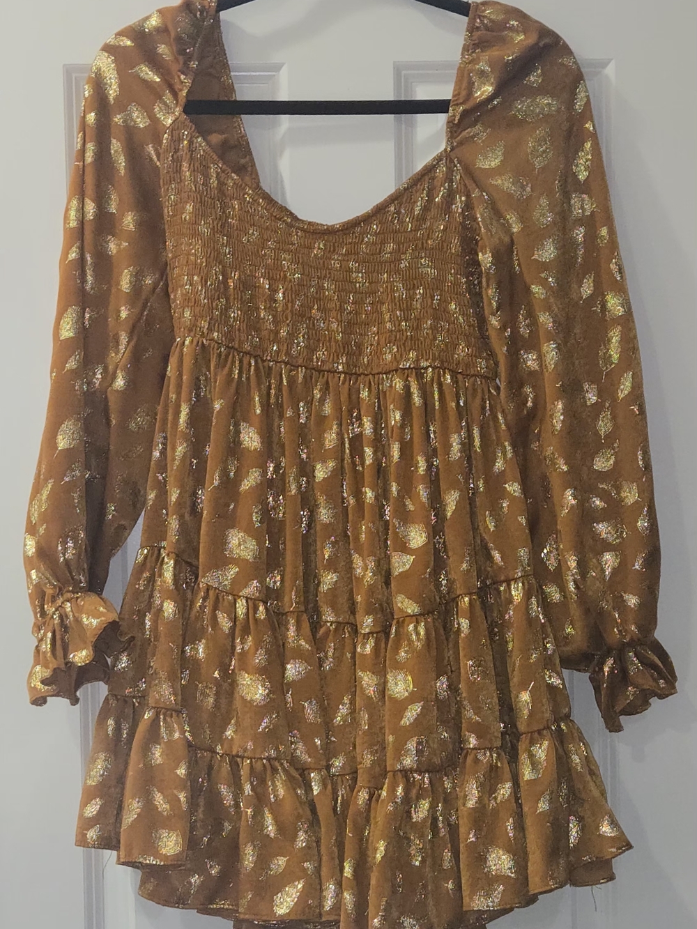 Golden Brown Metallic Leaf Smock Mini Dress